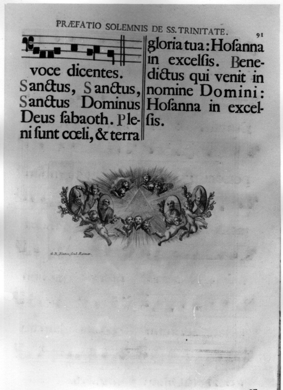 simbolo tripartito della Trinità, angeli e ritratti di Santi (stampa) di Sintes Giovanni Battista (ultimo quarto sec. XVIII)