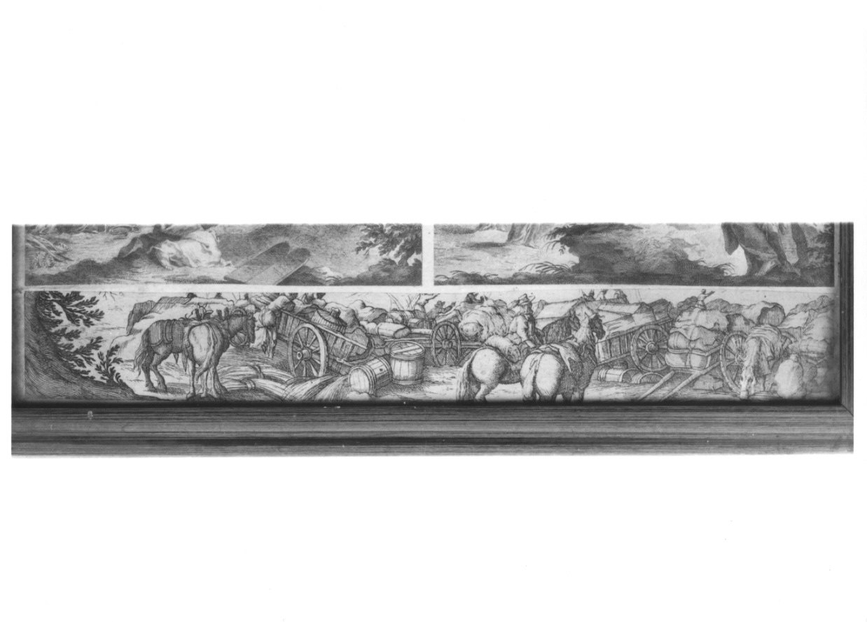 scena di genere con carriaggi (stampa tagliata, elemento d'insieme) - ambito piemontese (seconda metà sec. XVIII)