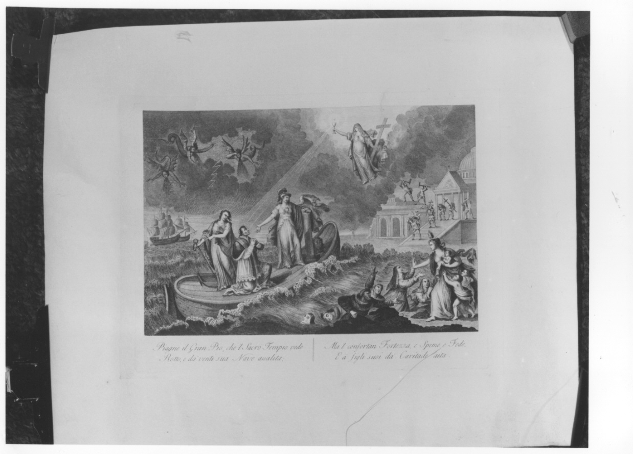 allegoria con papa Pio VII, Fede, Speranza, Carità e Fortezza (stampa) - ambito romano (primo quarto sec. XIX)