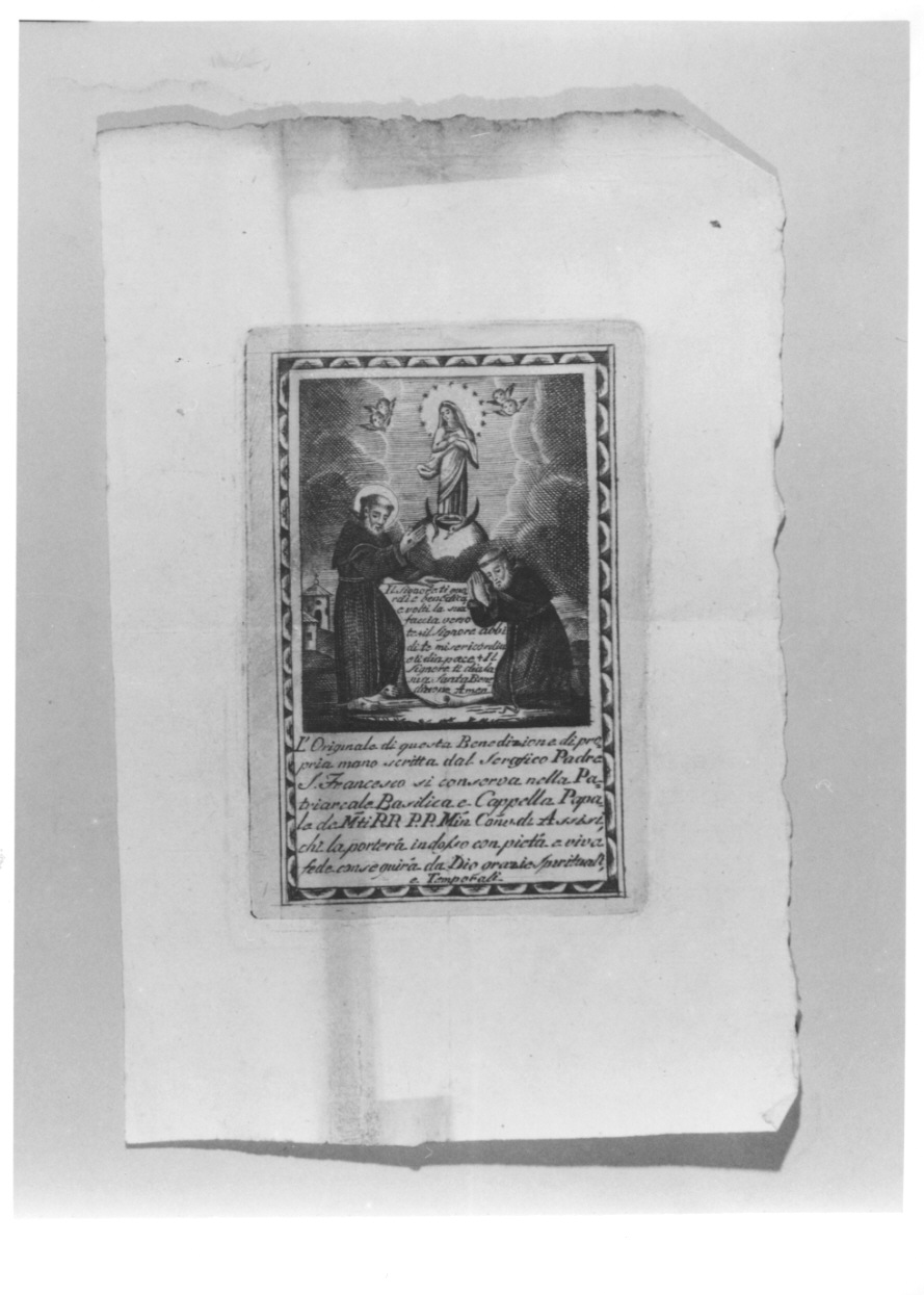 San Francesco d'Assisi e frate francescano in adorazione della Madonna Immacolata (stampa) - ambito umbro (prima metà sec. XVIII)
