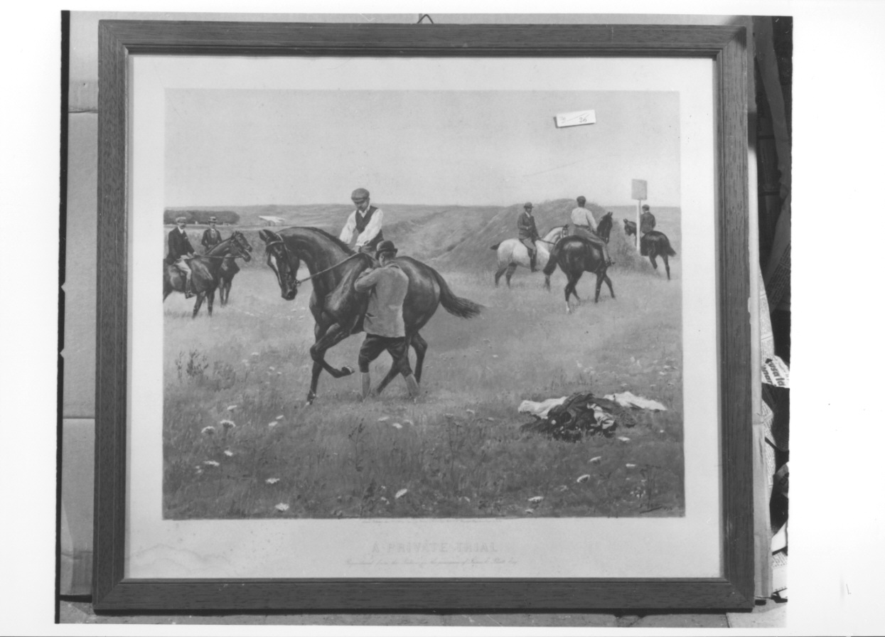 paesaggio con uomini a cavallo (stampa colorata a mano) - ambito inglese (fine sec. XIX)