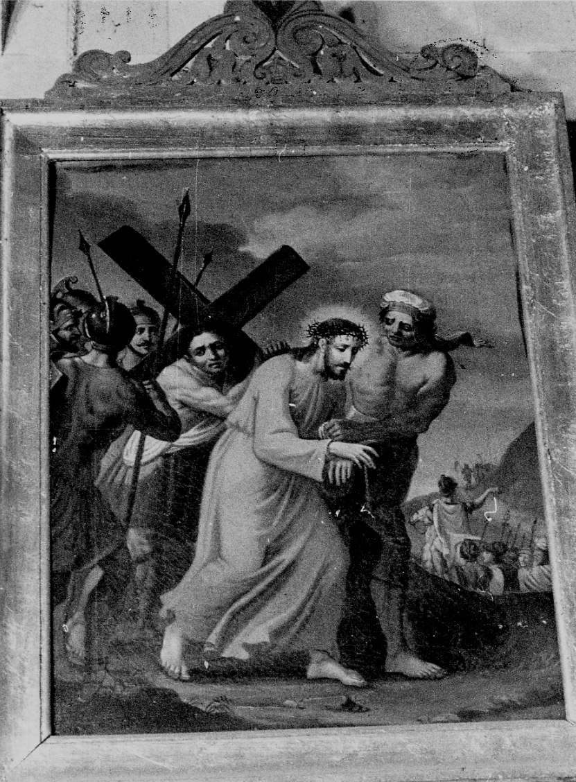 stazione V: Gesù aiutato da Simone il Cireneo a portare la croce (dipinto) - ambito piemontese (metà sec. XIX)