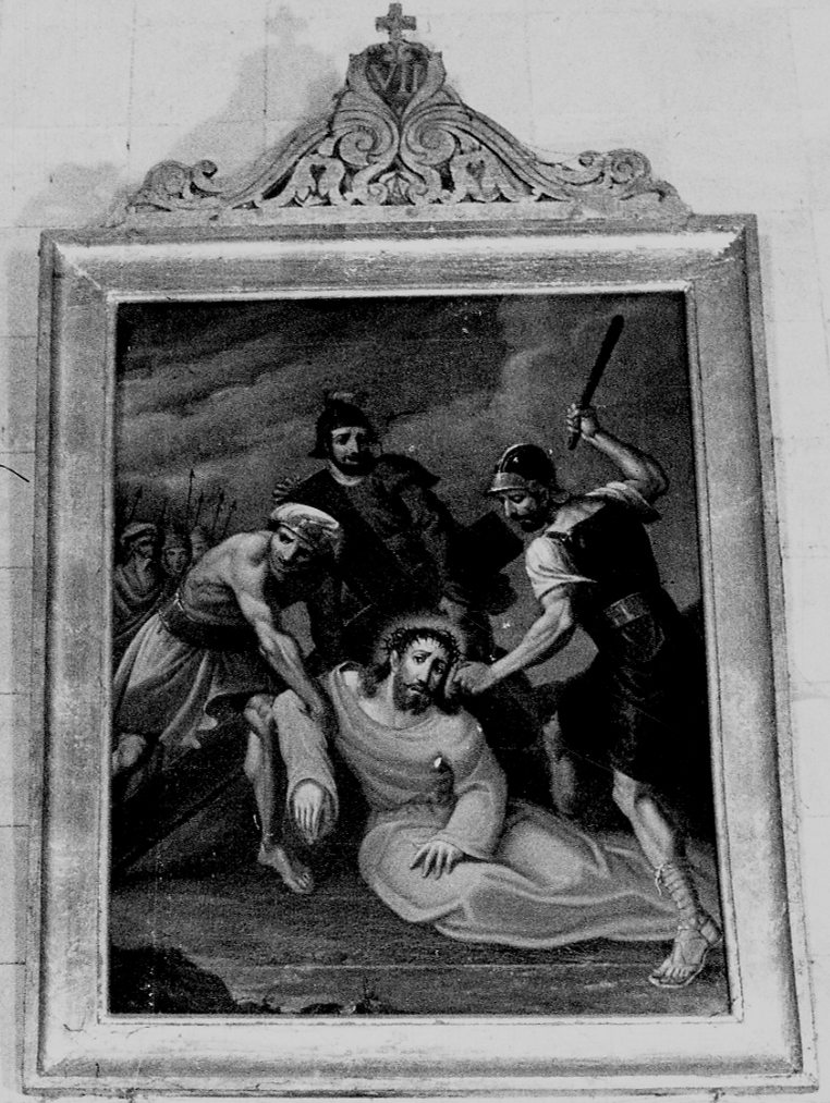 stazione VII: Gesù cade sotto la croce la seconda volta (dipinto) - ambito piemontese (metà sec. XIX)