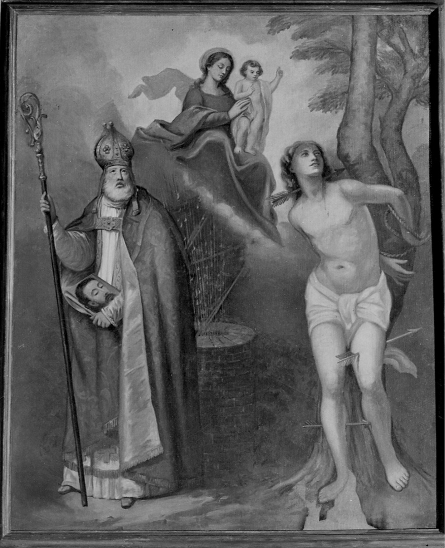 Madonna con Bambino tra San Grato e San Sebastiano (dipinto, opera isolata) di Giachino Enrico (secondo quarto sec. XX)