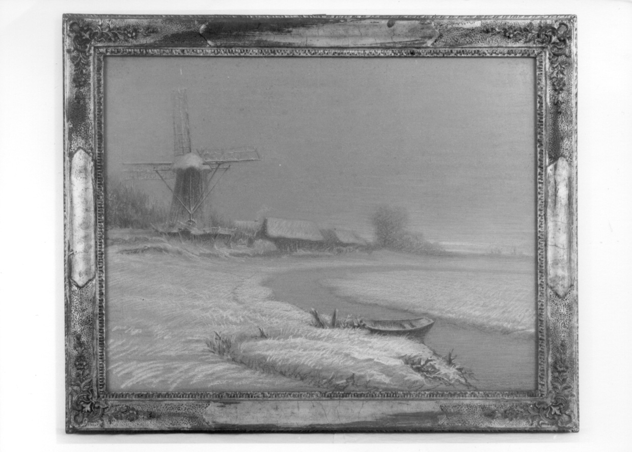 Paesaggio olandese in inverno, paesaggio invernale (disegno, opera isolata) di Strocco Carlo Oreste (prima metà sec. XX)