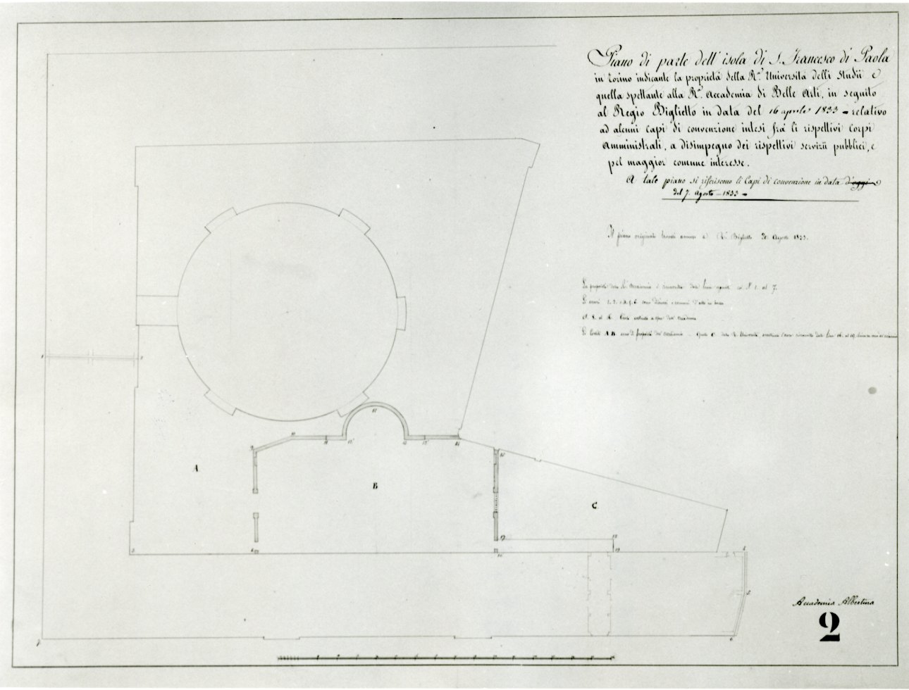 pianta dell'isolato della chiesa di San Francesco da Paola di Torino (disegno, opera isolata) - ambito piemontese (secondo quarto sec. XIX)