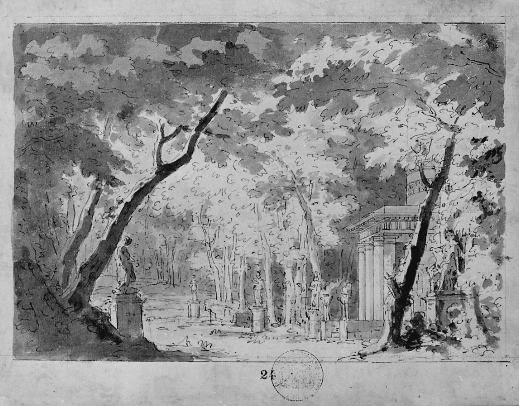 Veduta di bosco con tempio classico e statua di Diana, paesaggio con architetture (disegno, opera isolata) di Vacca Luigi (primo quarto sec. XIX)