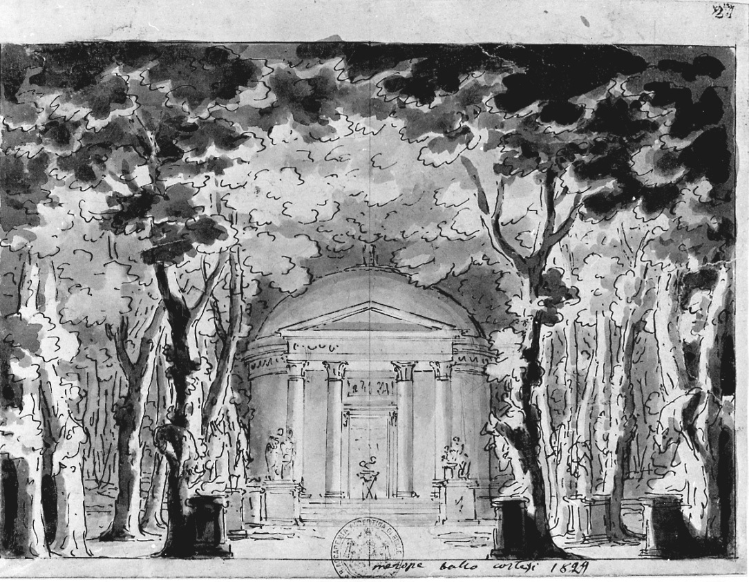 Tempietto in un bosco, paesaggio con architetture (disegno, opera isolata) di Vacca Luigi (sec. XIX)