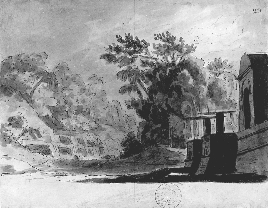 Paesaggio con veduta in scorcio di mura e porta, paesaggio con architetture (disegno, opera isolata) di Vacca Luigi (secondo quarto sec. XIX)
