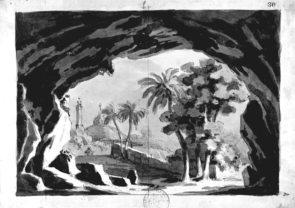 Veduta di moschea tra rocce e palmizi, paesaggio con architetture (disegno, opera isolata) di Vacca Luigi (prima metà sec. XIX)