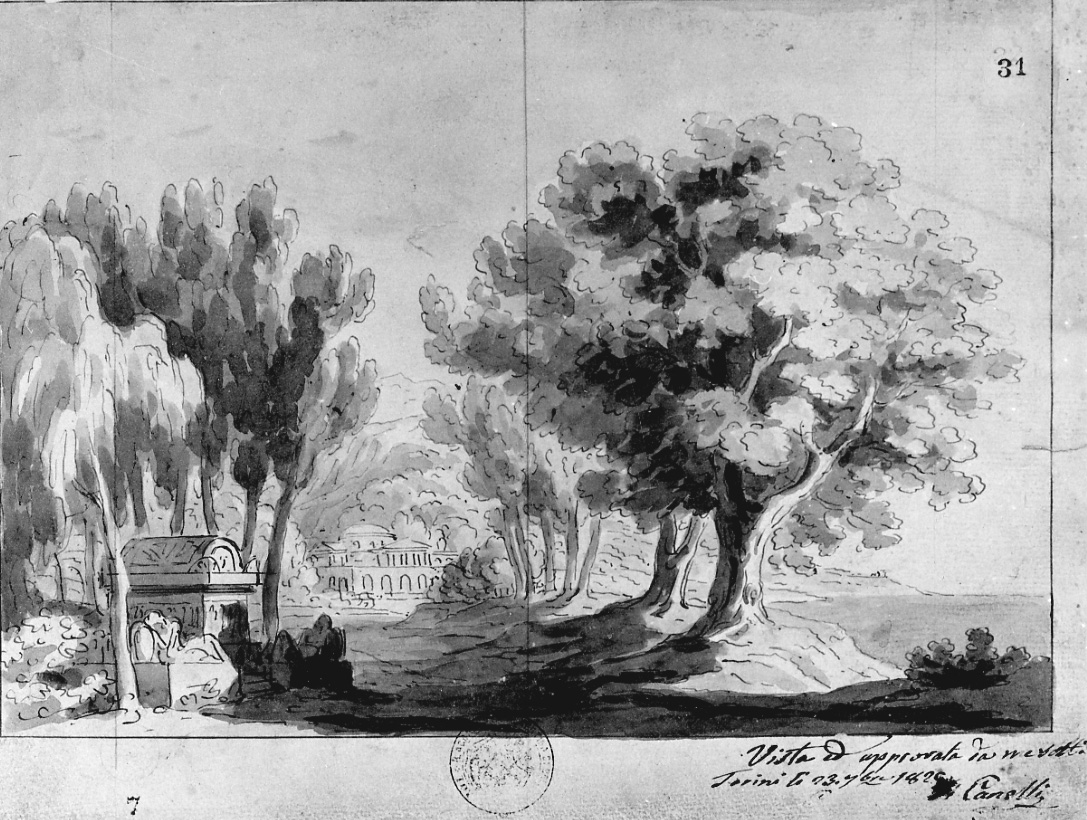 Campagna presso il mare con sepolcro, paesaggio marino con alberi, sepolcro ed edificio (disegno, opera isolata) di Vacca Luigi (sec. XIX)