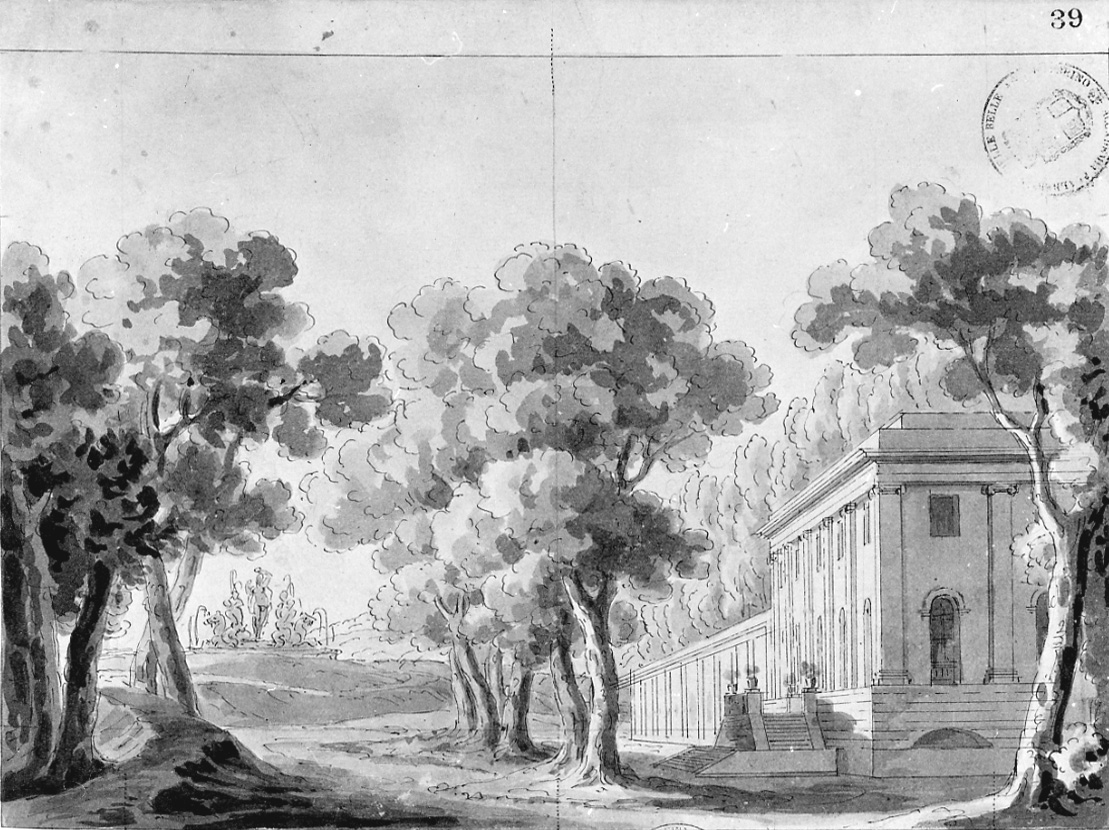 Parco con veduta di palazzo, paesaggio con architetture (disegno, opera isolata) di Vacca Luigi (prima metà sec. XIX)