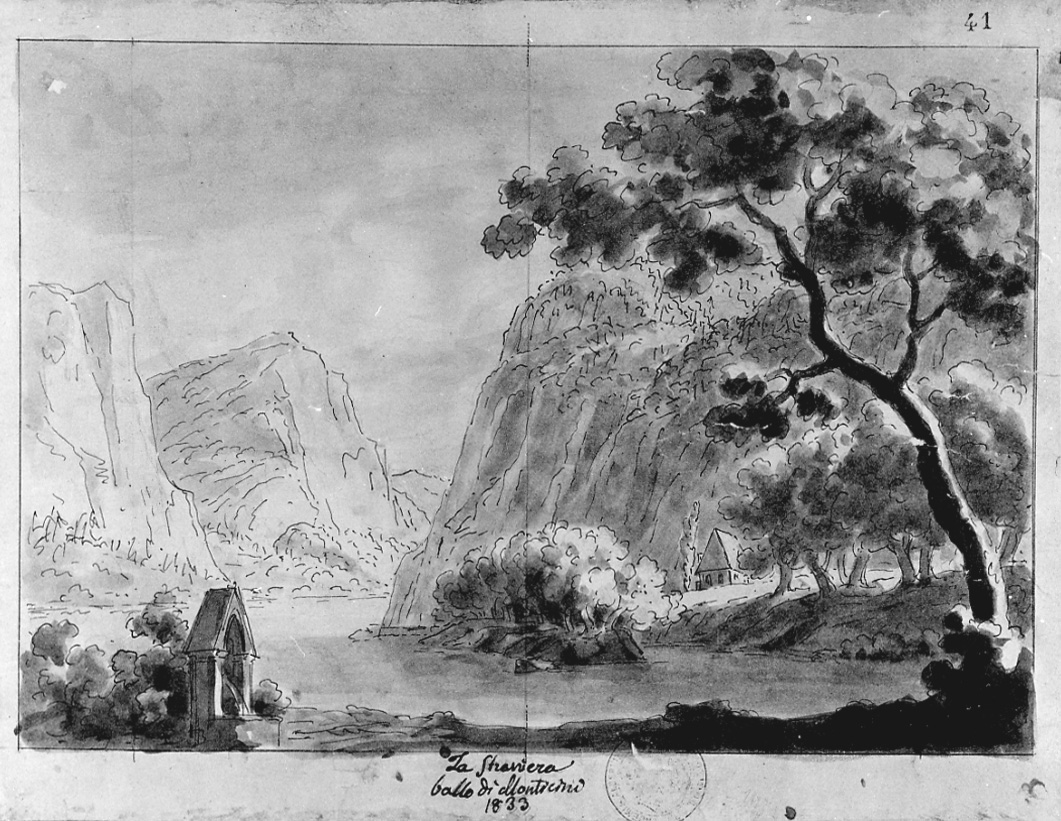 Peasaggio montuoso con lago e capanna, paesaggio montano con lago (disegno, opera isolata) di Vacca Luigi (sec. XIX)