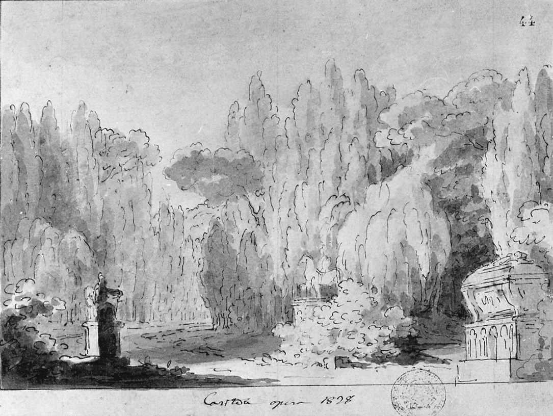 Caritea / Giardino con urna sepolcrale, paesaggio con alberi, sepolcro e statue (disegno, opera isolata) di Vacca Luigi (sec. XIX)