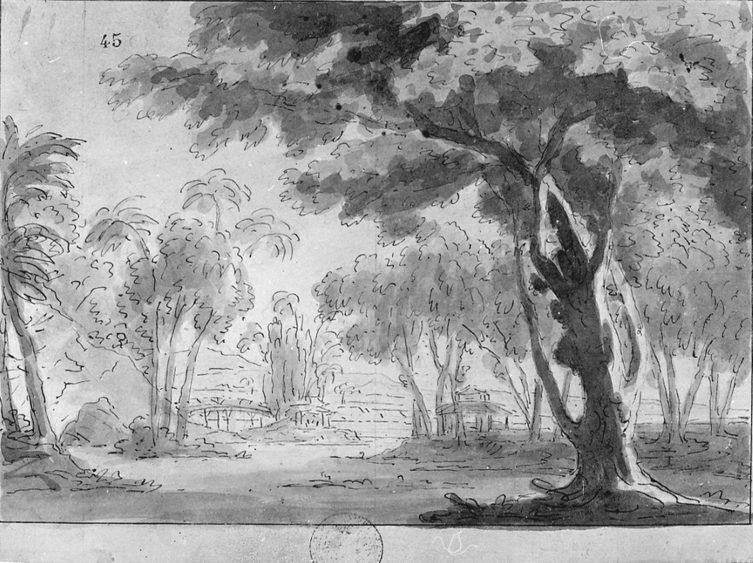 Campagna con capanne, paesaggio con alberi e capanne (disegno, opera isolata) di Vacca Luigi (primo quarto sec. XIX)