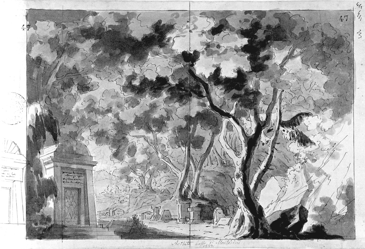 Actlato ballo di monticini / Bosco con sepolcri, paesaggio con alberi e sepolcri (disegno, opera isolata) di Vacca Luigi (sec. XIX)