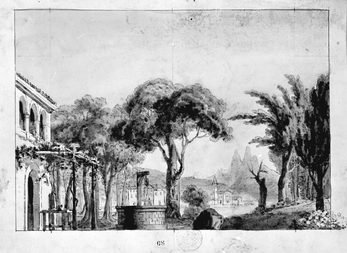 Villaggio con osteria, paesaggio con architetture (disegno, opera isolata) di Vacca Luigi (prima metà sec. XIX)