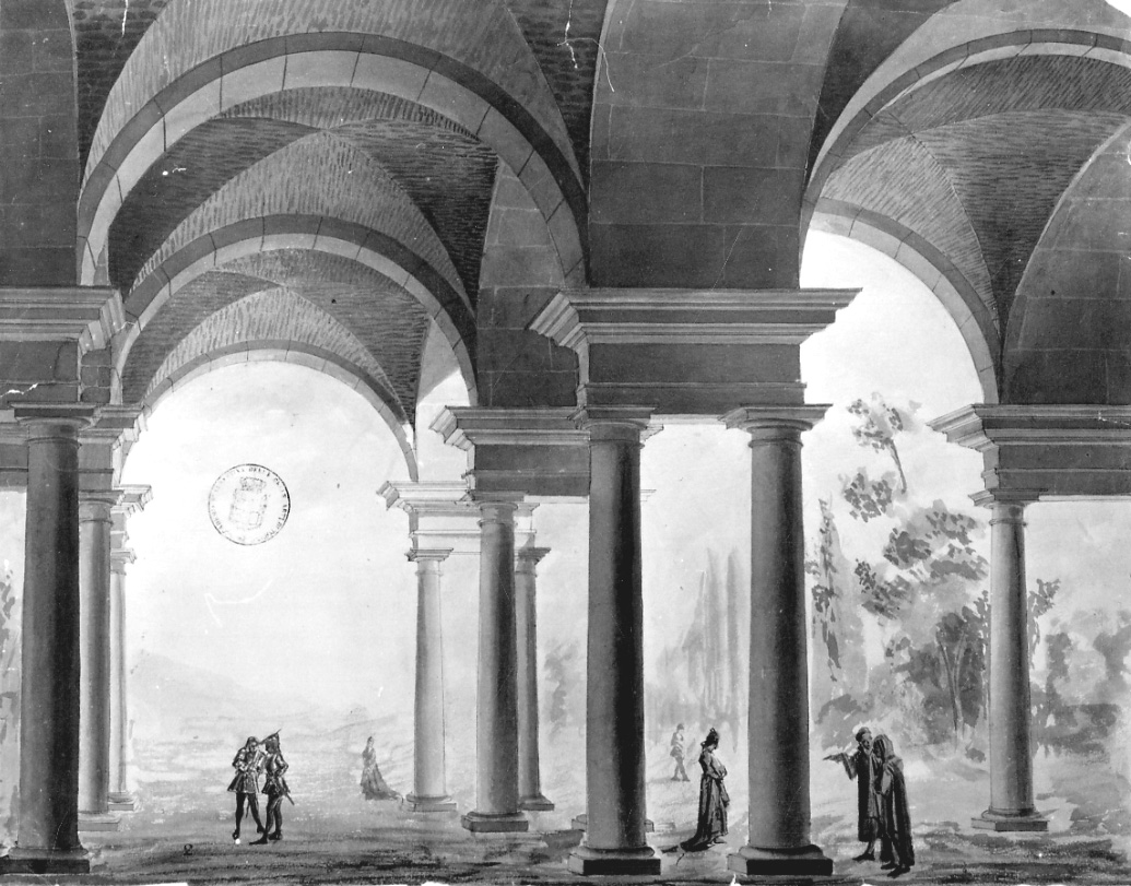 portico con figure e paesaggio (disegno, opera isolata) - ambito piemontese (primo quarto sec. XIX)