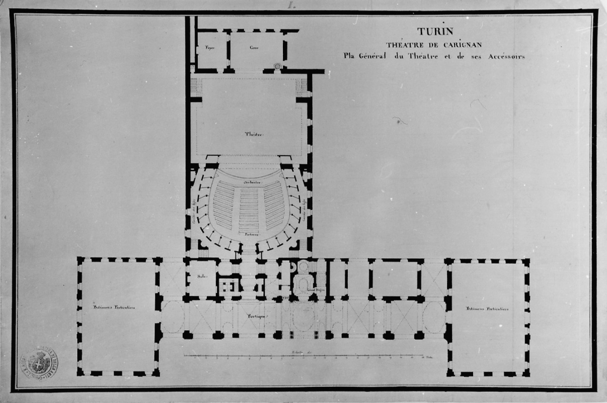 Turin Theatre de Carignan Plan general du Theatre et de ses Accessoirs, pianta del Teatro Carignano di Torino (disegno, opera isolata) di Dumont Gabriel Pierre Martin (terzo quarto sec. XVIII)