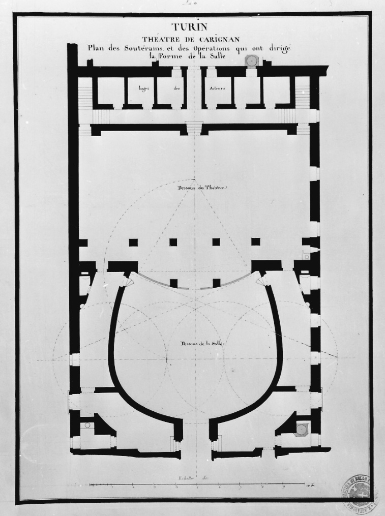 Turin Theatre de Carignan Plan des Souterains et des Operations qui ont dirige la Forme de la Salle, pianta dei sotterranei del Teatro Carignano di Torino (disegno, opera isolata) di Dumont Gabriel Pierre Martin (terzo quarto sec. XVIII)