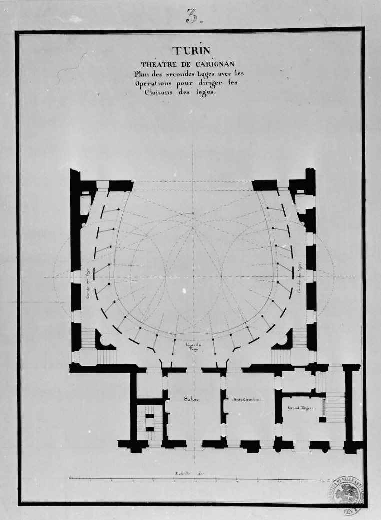 Turin Theatre de Carignan Plan des secondes Loges avec les Operations pour diriger les Cloisons des loges, pianta del Teatro Carignano di Torino (disegno, opera isolata) di Dumont Gabriel Pierre Martin (terzo quarto sec. XVIII)