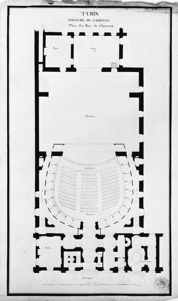 Turin Theatre de Carignan Plan du Rez de Chaussee, pianta del Teatro Carignano di Torino (disegno, opera isolata) di Dumont Gabriel Pierre Martin (terzo quarto sec. XVIII)