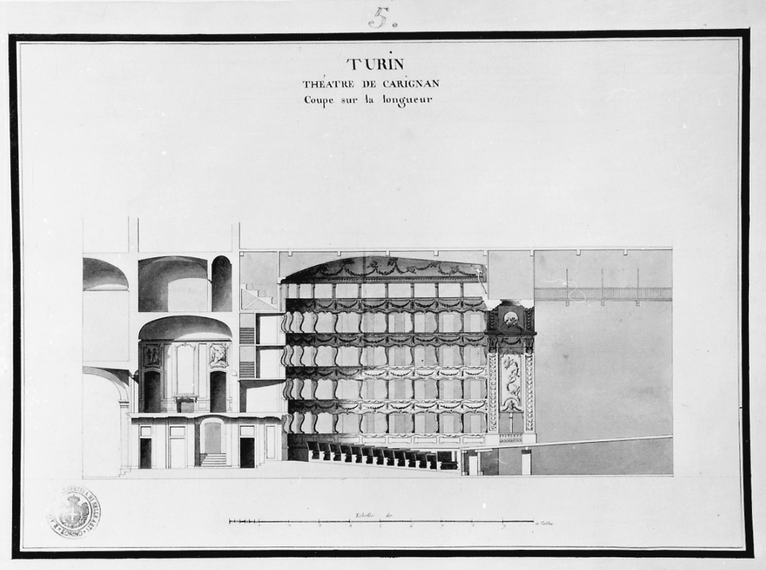 Turin Theatre de Carignan Coupe sur la longueur, sezione del Teatro Carignano di Torino (disegno, opera isolata) di Dumont Gabriel Pierre Martin (terzo quarto sec. XVIII)