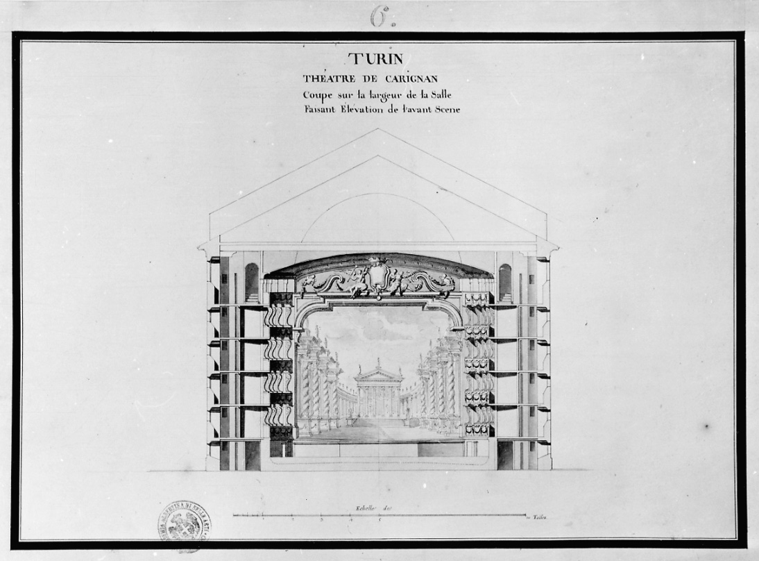 Turin Theatre de Carignan Coupe sur la largueur de la Salle Faisant Elevation de l'avant scene, sezione del palcoscenico del Teatro Carignano di Torino (disegno, opera isolata) di Dumont Gabriel Pierre Martin (terzo quarto sec. XVIII)