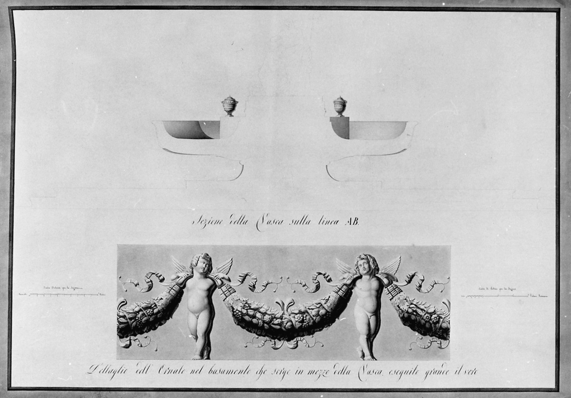 Sezione della Vasca sulla linea A B / Dettagli dell'Ornato nel basamento che sorge in mezzo alla Vasca eseguito grande il vero, sezione e decorazione di fonte battesimale (disegno, opera isolata) di Marchini Angelo (sec. XIX)