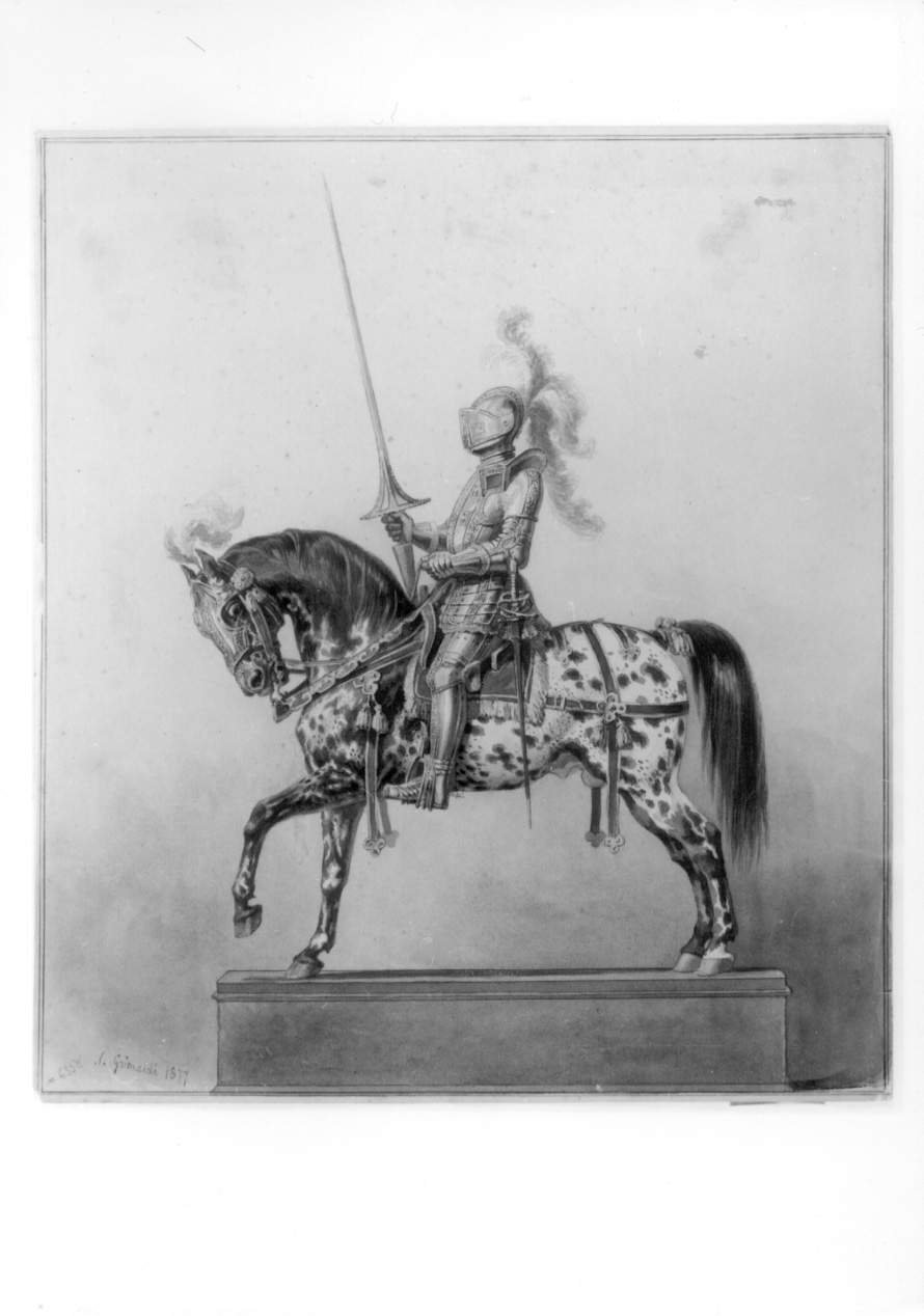 Armatura equestre del XVI secolo, cavallo tigrato, cavaliere con armatura (disegno, opera isolata) di Grimaldi del Poggetto Stanislao (ultimo quarto sec. XIX)