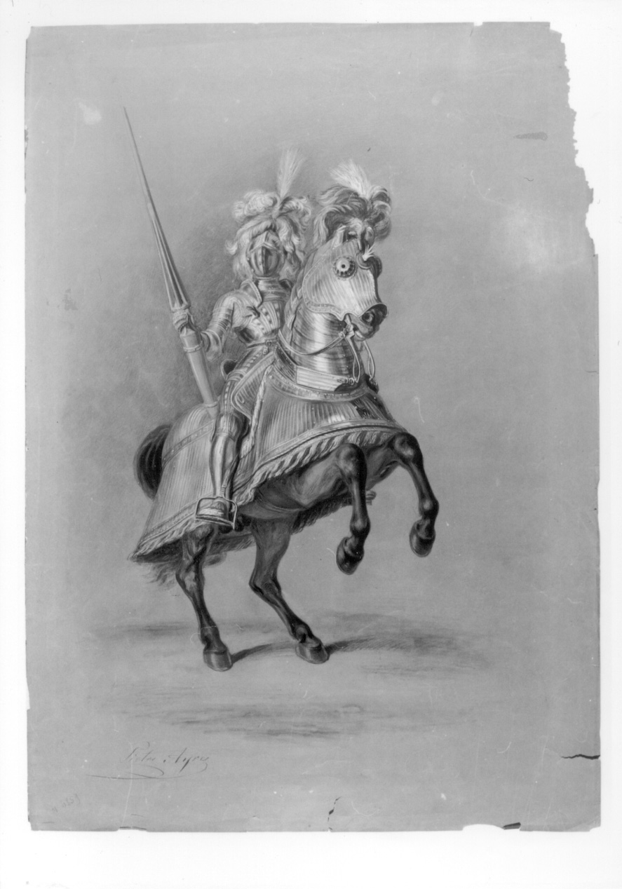 Armatura equestre spigolata, cavaliere con armatura (disegno, opera isolata) di Ayres Pietro di Cagliari (secondo quarto sec. XIX)