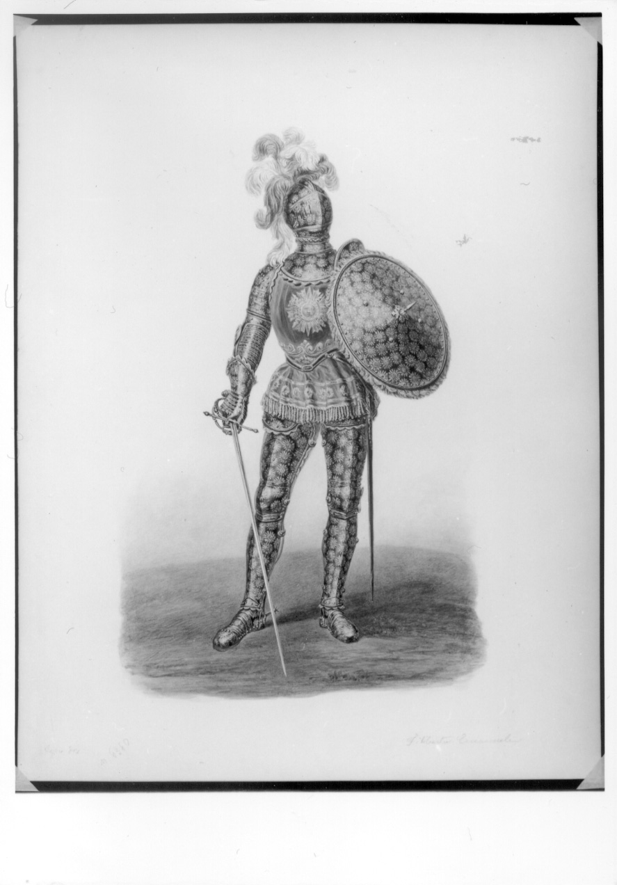 Armatura del Principe Emanuele Filiberto di Savoia con la spada sguainata, armatura (disegno, opera isolata) di Ayres Pietro di Cagliari (secondo quarto sec. XIX)
