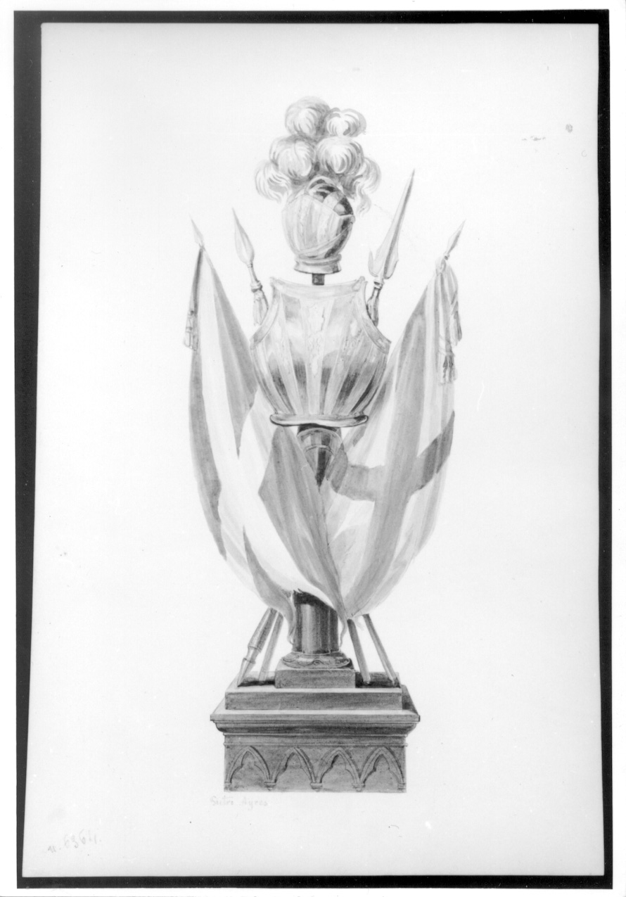 Trofeo con elmo, armi e bandiere, trofeo di guerra (disegno, opera isolata) di Ayres Pietro di Cagliari (secondo quarto sec. XIX)