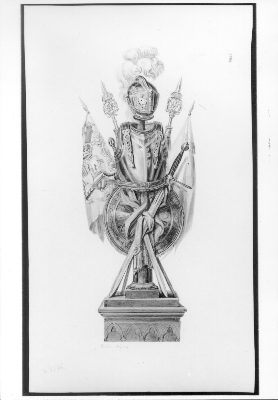 Trofeo con elmo, armi, bandiere e scudo, trofeo di guerra (disegno, opera isolata) di Ayres Pietro di Cagliari (secondo quarto sec. XIX)