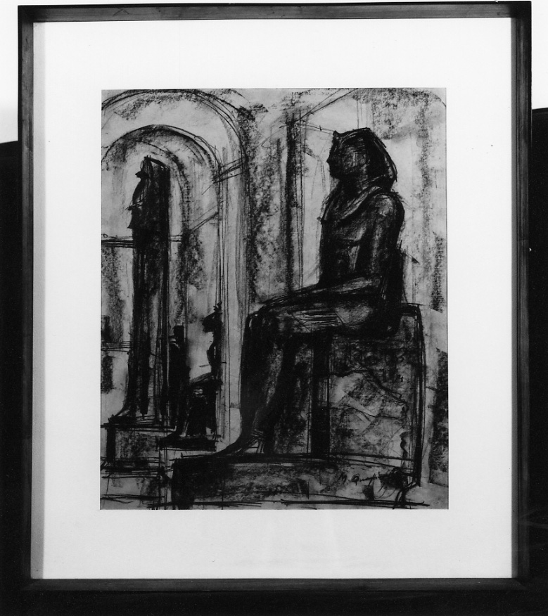 Faraone seduto, veduta di una sala del Museo Egizio di Torino (disegno, opera isolata) di Quaglino Massimo (metà sec. XX)
