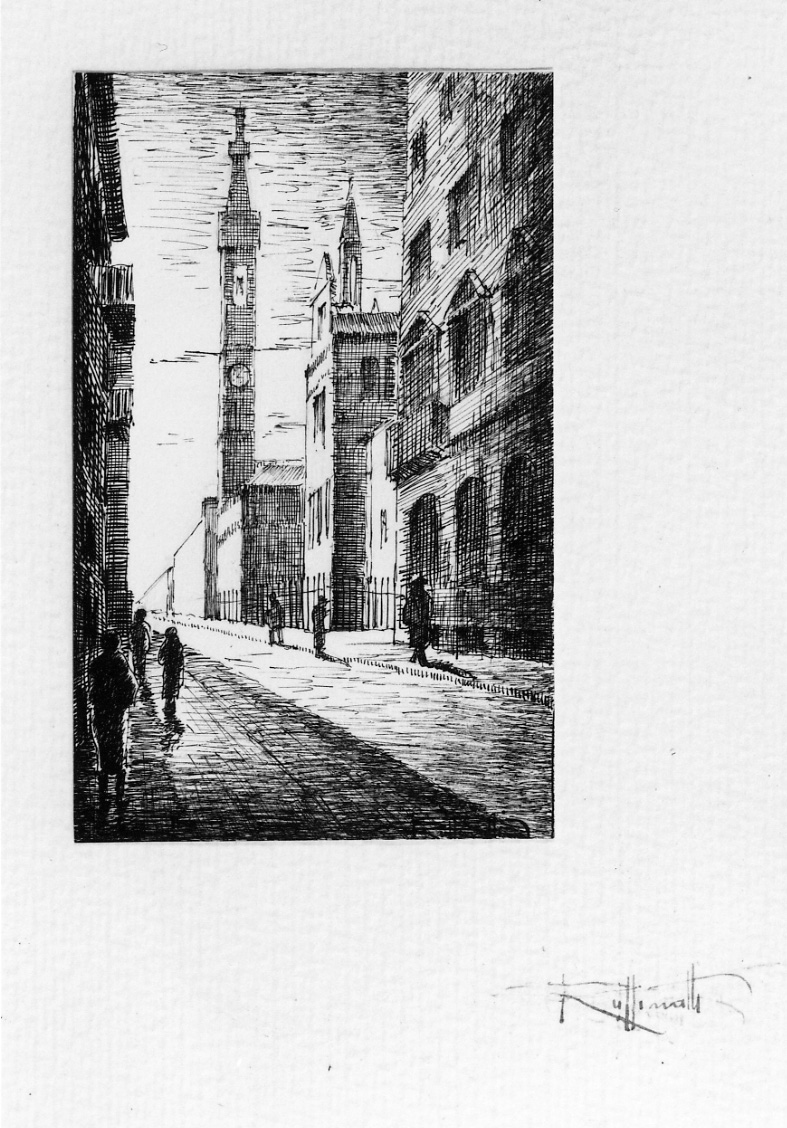Via di paese, veduta di città (disegno, opera isolata) di Ruffinatti Luigi (metà sec. XX)