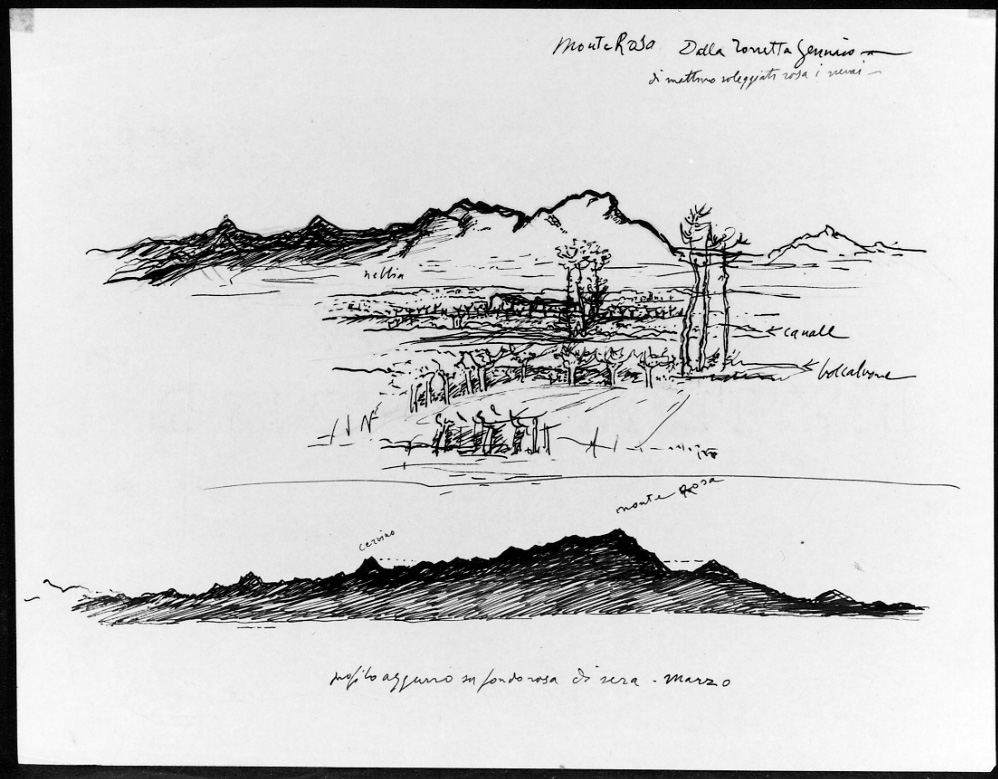 Monte Rosa dalla Torretta, veduta del Monte Rosa (disegno, opera isolata) di Bozzetti Francesco detto Cino Bozzetti (secondo quarto sec. XX)