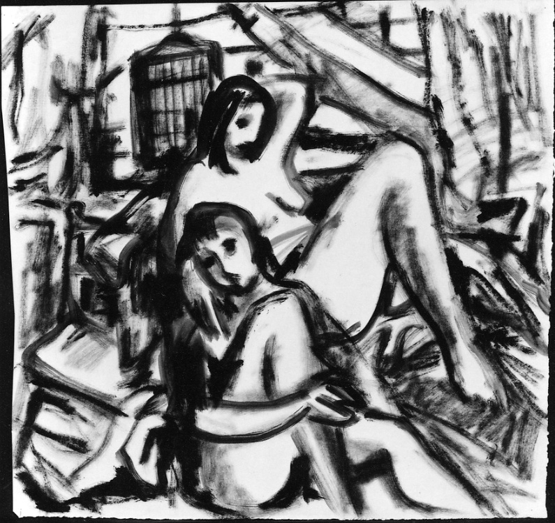 Intimita', figure femminili nude (disegno, opera isolata) di Chicco Riccardo (metà sec. XX)