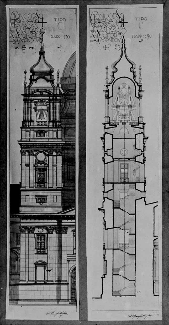 prospetto del campanile sud-ovest del Santuario di Mondovì (disegno, elemento d'insieme) di Vaglieri Attilio, Travaglio Umberto (primo quarto sec. XX)