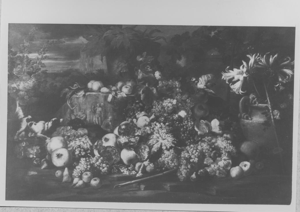 Natura morta di frutta e fiori con cane (dipinto) di Brueghel Abraham (sec. XVII)