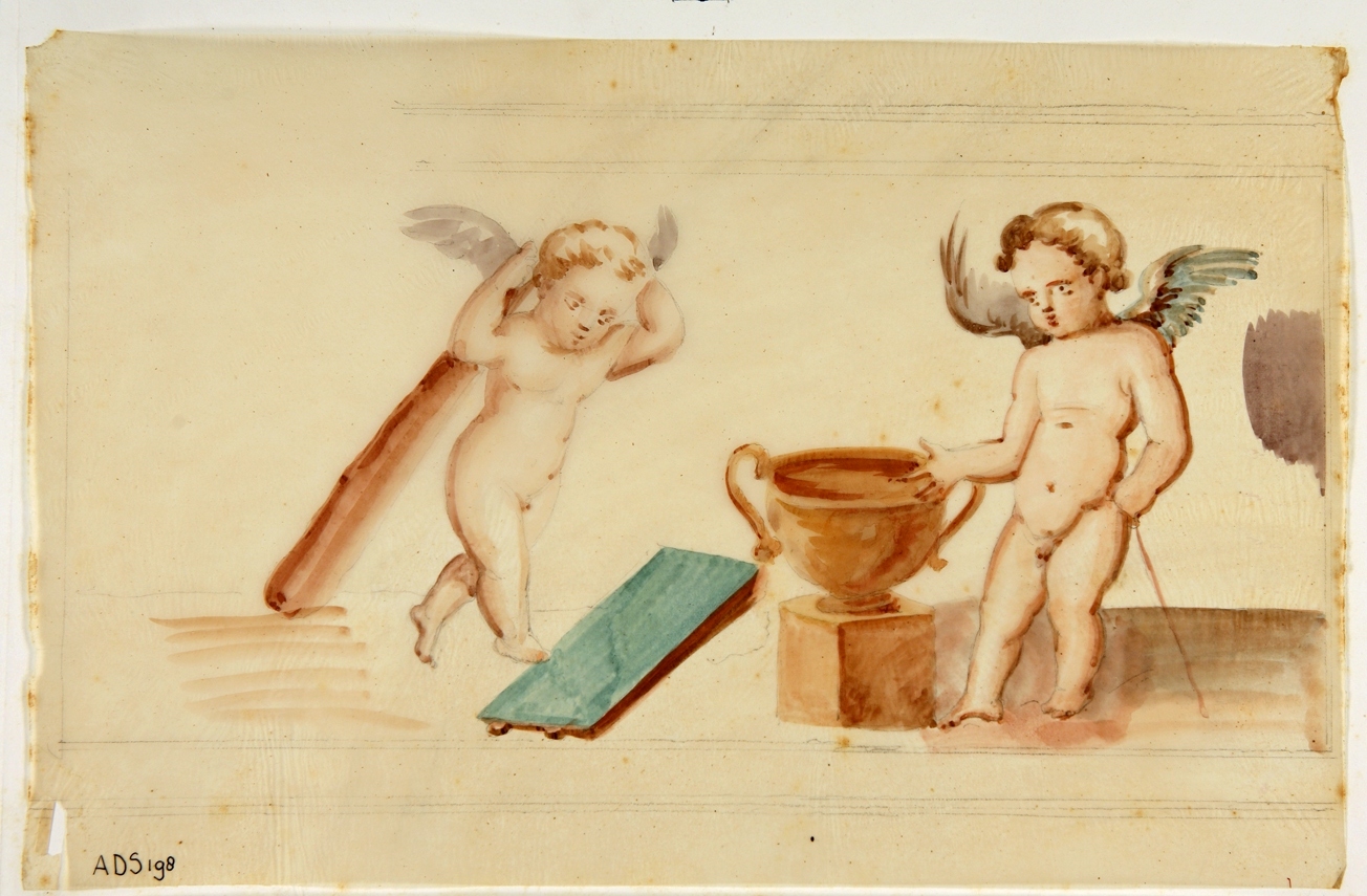 amorini con attributi di Ercole (disegno) di Ala Antonio (terzo quarto sec. XIX)