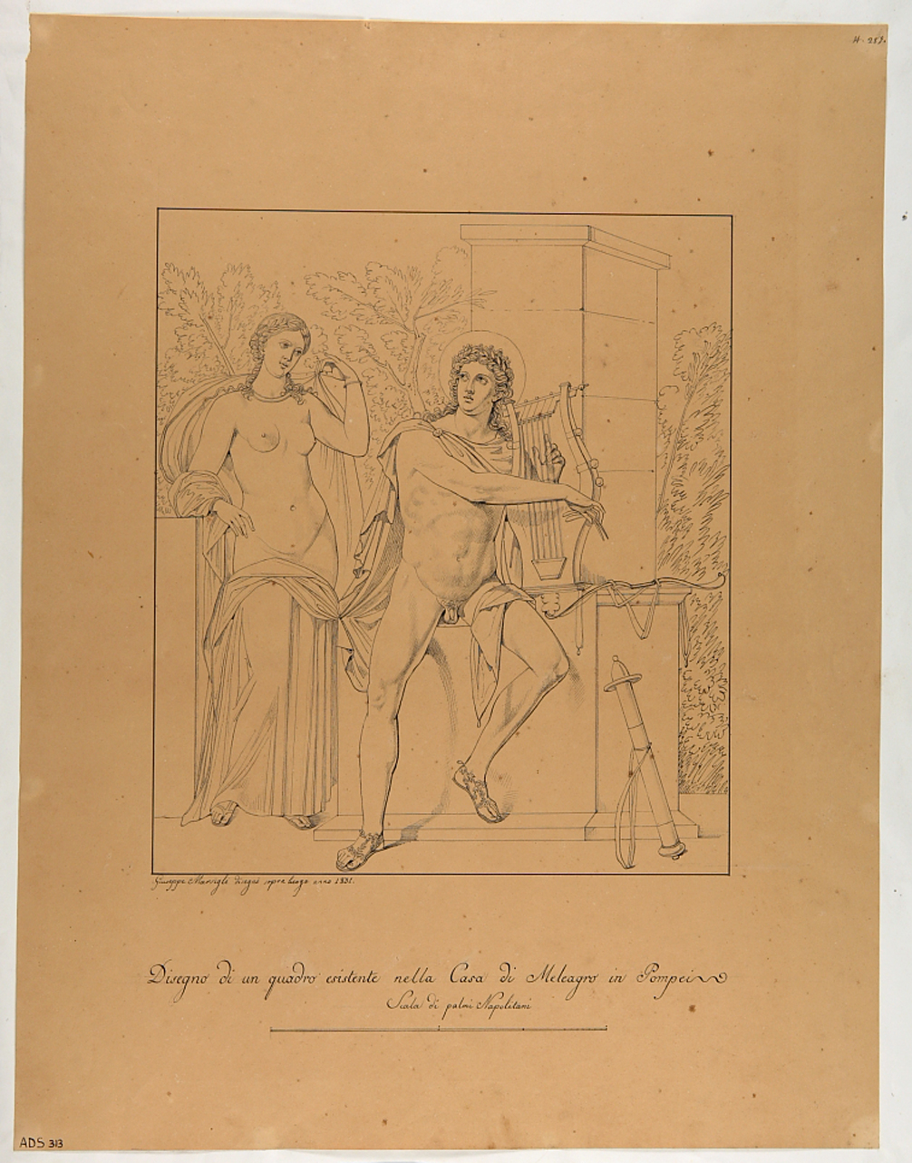 Apollo e figura femminile (disegno) di Marsigli Giuseppe (secondo quarto sec. XIX)
