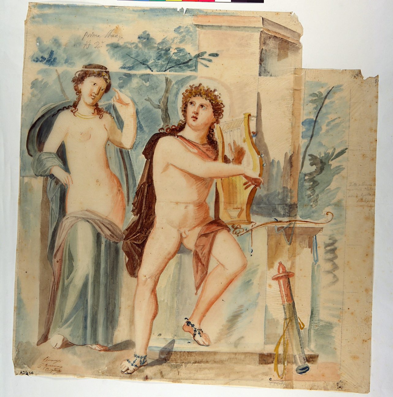 Apollo e figura femminile (disegno) di Marsigli Giuseppe (prima metà sec. XIX)