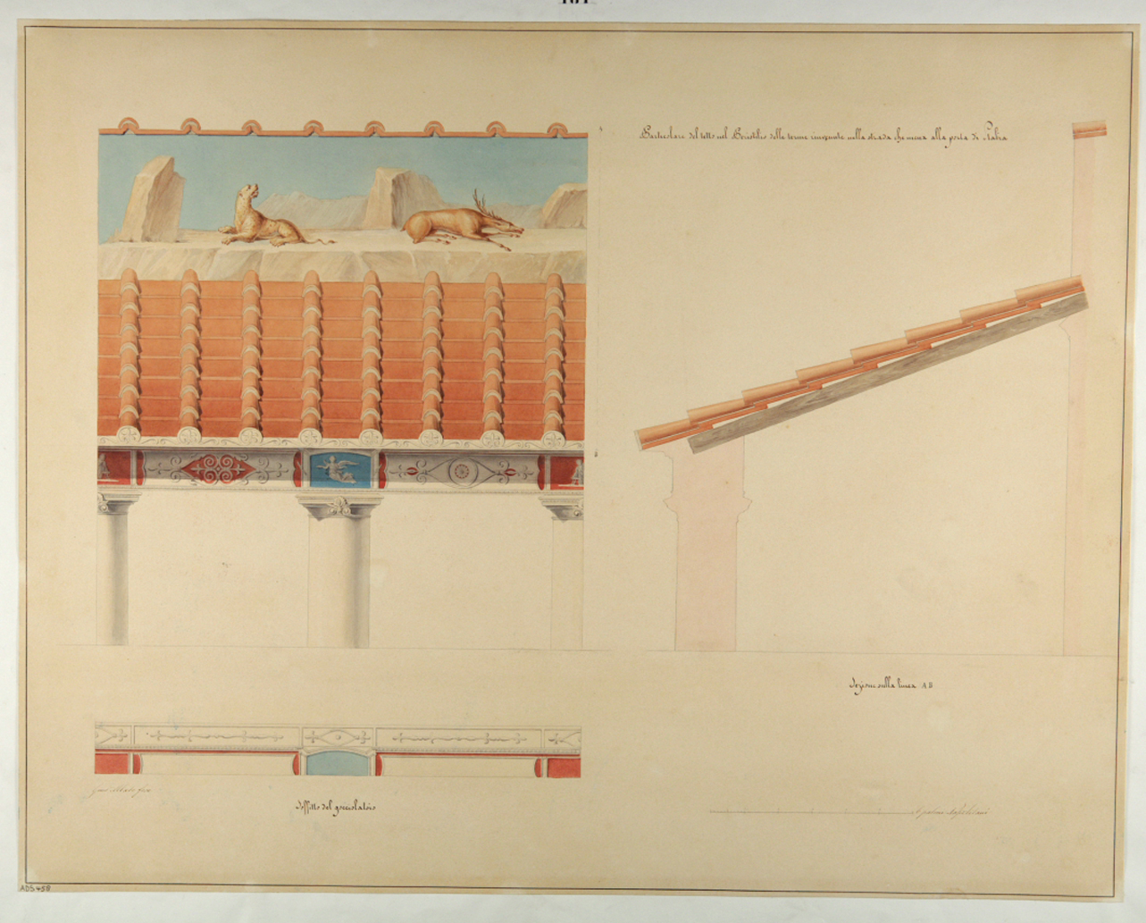 tetto delle Terme Stabiane a Pompei (disegno) di Abbate Giuseppe (seconda metà sec. XIX)