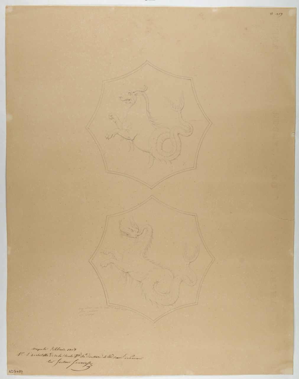 coppia di draghi marini (disegno) di La Volpe Nicola (terzo quarto sec. XIX)