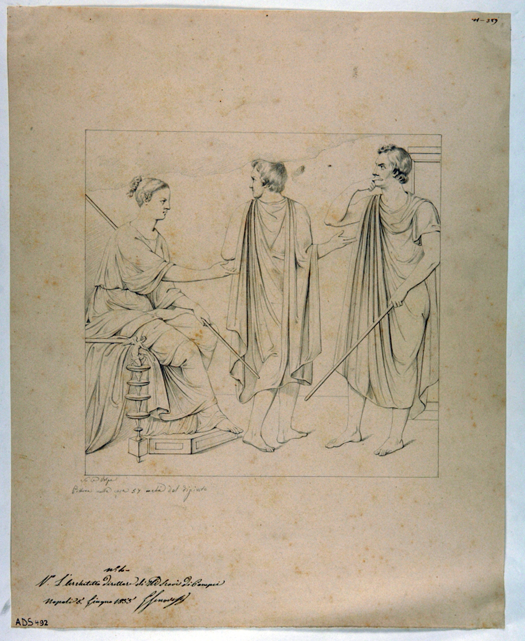 figura femminile seduta e due figure maschili (disegno) di La Volpe Nicola (terzo quarto sec. XIX)