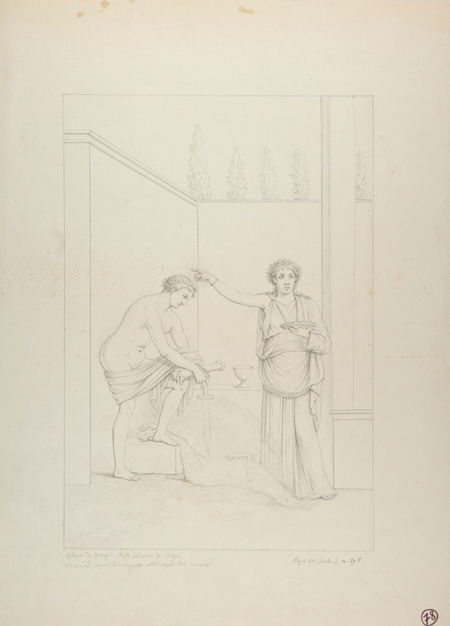 scena di espiazione di un eroe (disegno) di La Volpe Nicola (terzo quarto sec. XIX)