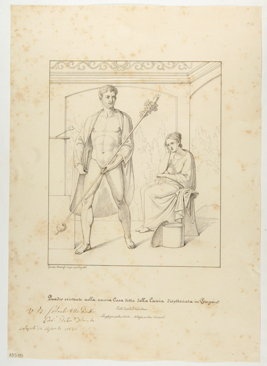 figura maschile con tirso e figura femminile seduta (disegno) di Marsigli Giuseppe (secondo quarto sec. XIX)