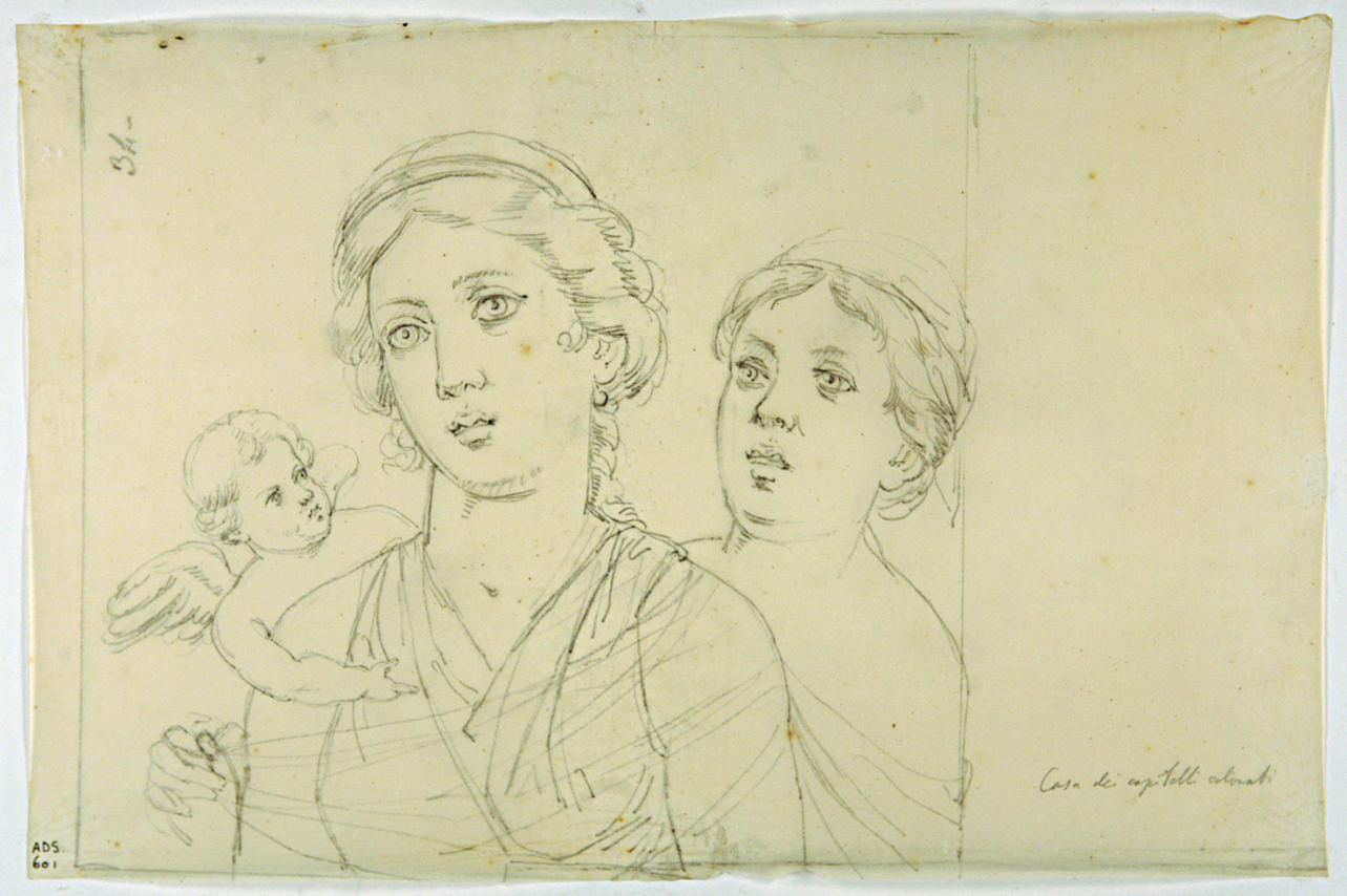 busti di figure femminili con amorino (disegno) - ambito napoletano (seconda metà sec. XIX)