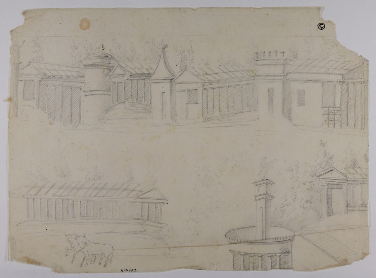 paesaggio con architetture (disegno) - ambito napoletano (seconda metà sec. XIX)